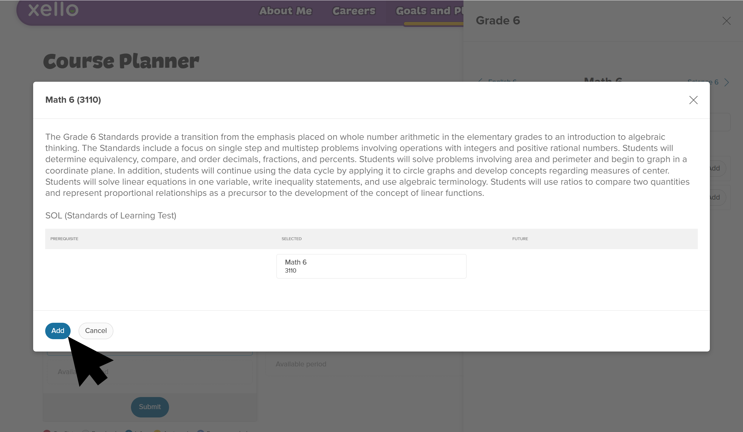 Math 7 course details. The algebra course description is open.